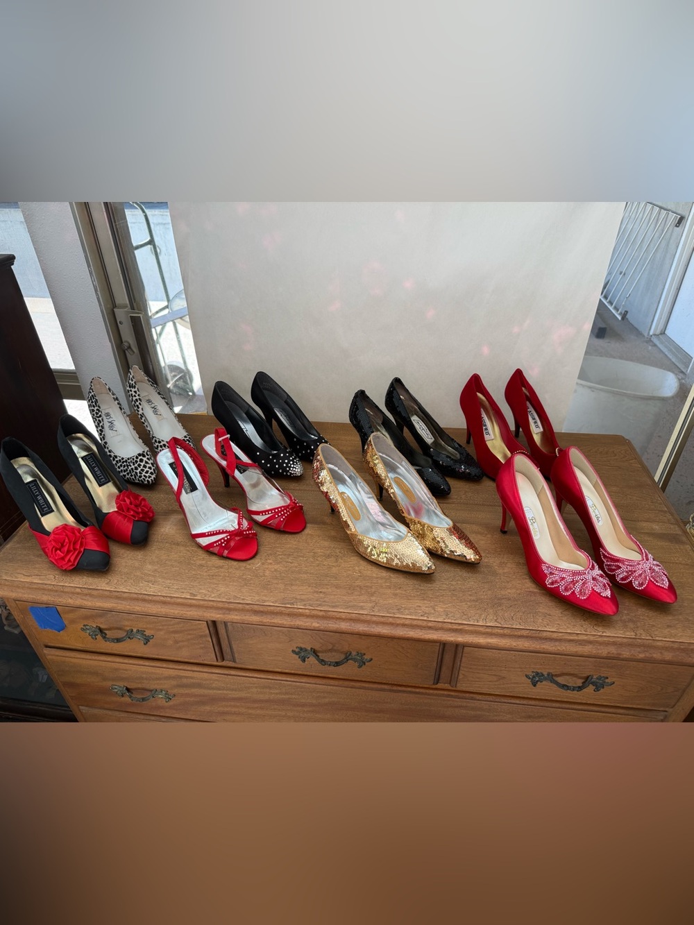 Red Satin Pointed-Toe Heels with Floral Appliqué - Women Shoes